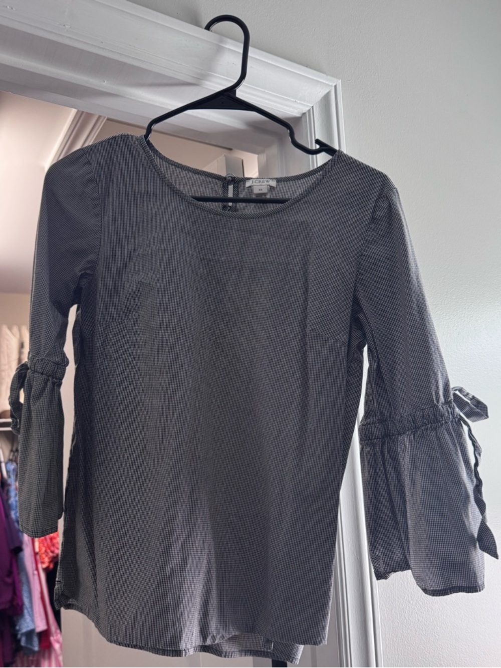 J. Crew Gray Bell-Sleeve Tie Blouse